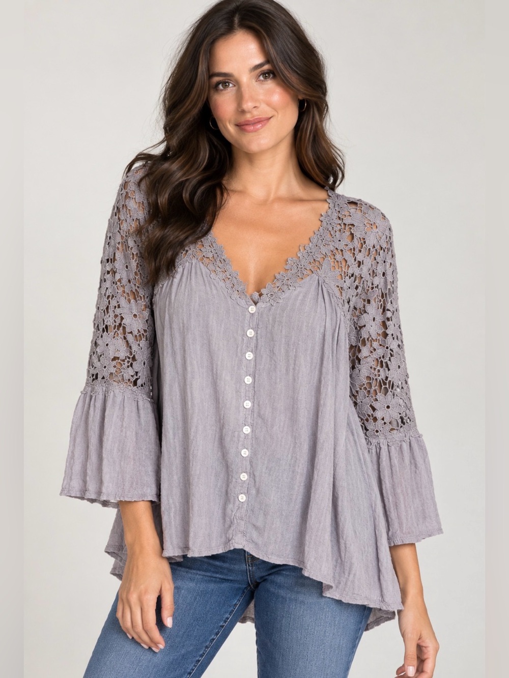 Boho Lace-Trim Button Front Blouse